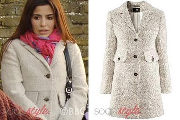 Ayesha Rana in EastEnders cream boucle coat