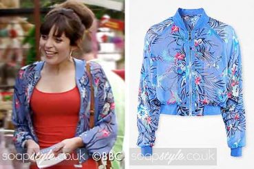Poppy in EastEnders blue floral jacket Poppy in EastEnders blue floral jacket