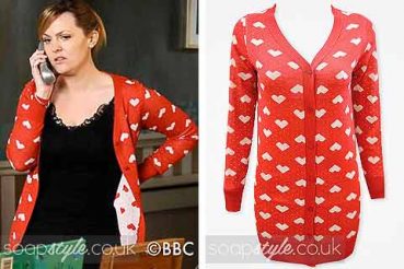 Tanya Branning in EastEnders red heart cardigan Tanya Branning in EastEnders red heart cardigan