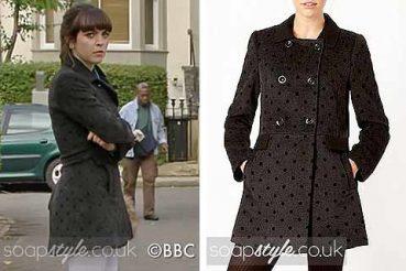 Poppy black polka dot coat in EastEnders Poppy black polka dot coat in EastEnders