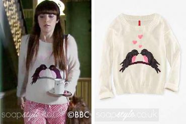 Poppy in EastEnders love birds jumper Poppy in EastEnders love birds jumper