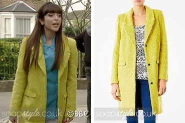 Poppy Meadow in EastEnders green fluffy boucle coat Poppy Meadow in EastEnders green fluffy boucle coat