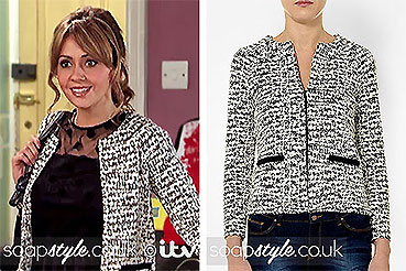 Maria on Coronation Street black and white jacket