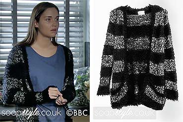 Lauren Branning black and white fluffy stripe cardigan on EastEnders