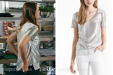 Tracy's Silver V Neck T-Shirt - Coronation Street - Episode - SoapStyle