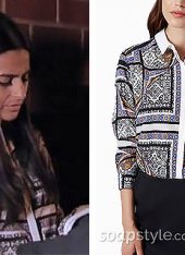 Alya wearing a pattern shirt on Coronation Street