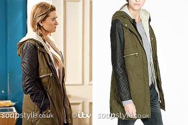 Debbie Dingle in Emmerdale green hooded coat