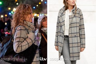 Tess’ Grey Check Coat on Emmerdale