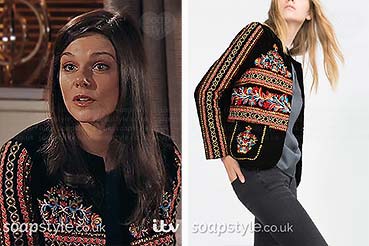 Kate's black embroidered jacket in Corrie Kate's black embroidered jacket in Corrie