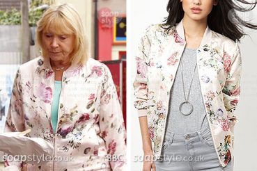 Pam Coker wearing her floral jacket in the TV Soap EastEnders