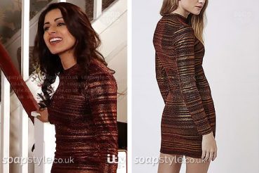 Rana wearing a red metallic stripe bodycon dress in Corrie
