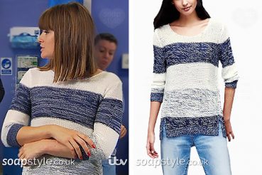 Chrissie blue stripe jumper on Emmerdale