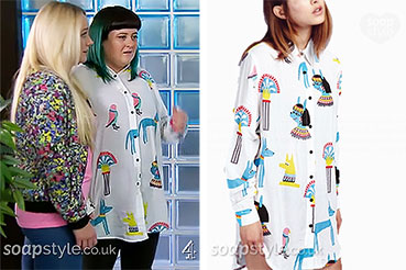 Tegan Egyptian cartoon print shirt on Hollyoaks Tegan Egyptian cartoon print shirt on Hollyoaks
