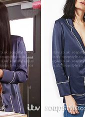 Alya Nazir wearing her navy pyjama-style jacket in Coronation Street