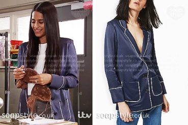 Alya’s Navy Satin Jacket in Coronation Street