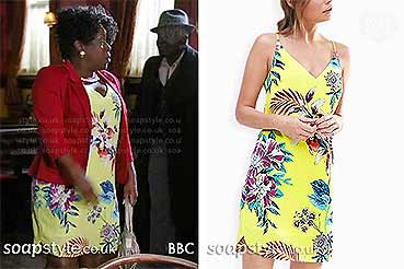 Kim Fox-Hubbard wearing her yellow tropical print dress in EastEnders