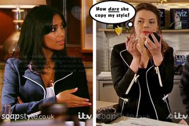 Priya and Tracy wearing the same jacket in Emmerdale and Corrie