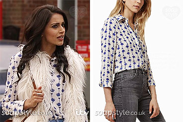 Rana's shirt with blue palm print in Coronation Street