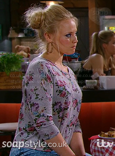 Tracy's grey flower print sweater in Emmerdale - SoapStyle