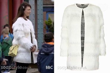 Honey Mitchell faux fur coat in EastEnders