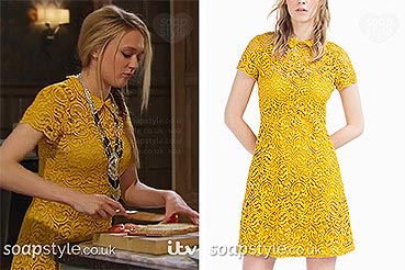Rebecca yellow lace dress in the TV Soap Emmerdale