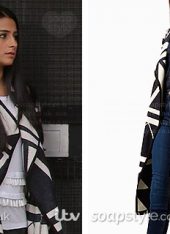Alya Nazir (Sair Khan) wearing her geo print coat in Coronation Street