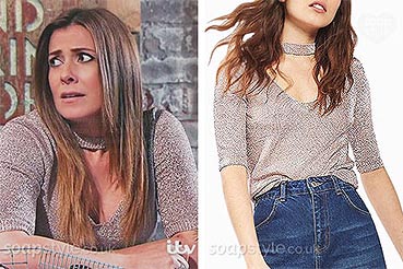 Michelle Connor (Kym Marsh) sparkly metallic choker top in Coronation Street Michelle Connor (Kym Marsh) sparkly metallic choker top in Coronation Street