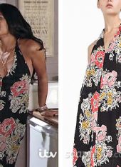 Alya Nazir (Sair Kahn) wearing her black floral maxi dress on TV in Coronation Street