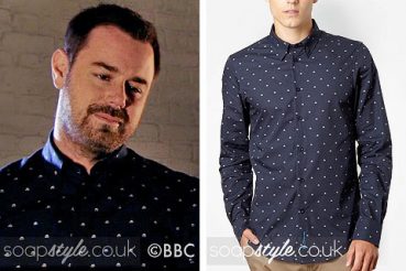 Mick Carter (Danny Dyer) wearing a blue and white print shirt on TV in EastEnders