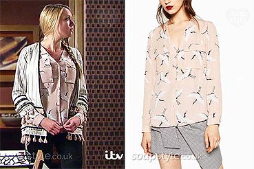 Rebecca White (Emily Head) bird print blouse in the TV Soap Emmerdale