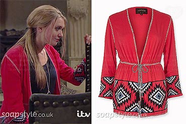 Rebecca White (Emily Head) red kimono jacket on TV in Emmerdale