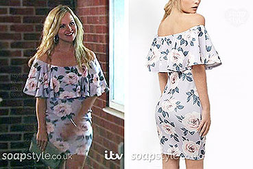 Sarah Platt ruffle bardot floral dress in Coronation Street