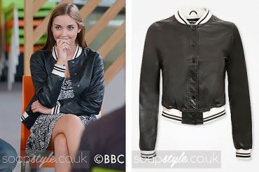 Lauren Branning wearing a faux leather bomber jacket on TV in EastEnders