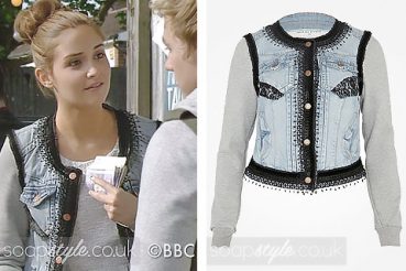 Lauren Branning wearing a jersey denim jacket on TV in EastEnders
