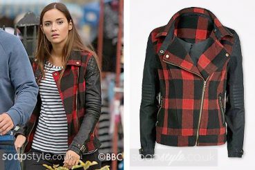 The red and black tartan biker jacket with faux leather sleeves worn by Lauren Branning