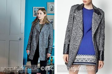 The tweed biker coat worn by Lauren Branning (Jacqueline Jossa) in EastEnders