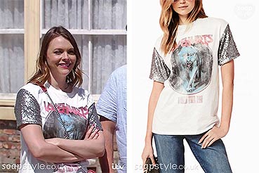 Tracy Barlow sequin sleeve Lovehurts band t-shirt on ITV Coronation Street