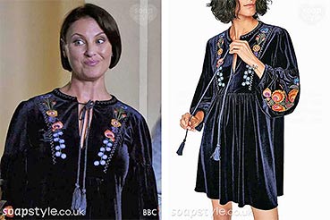Honey Mitchell blue velvet dress on EastEnders