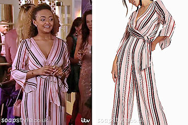 Emma pink stripe jumpsuit in Coronation Street