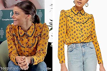 Kate Connor wearing a yellow floral shirt in Coronation Street this week