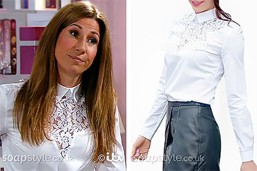 Megan white shirt in Emmerdale