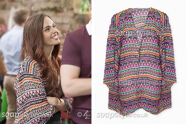 Mercedes McQueen wearing a pattern print kimono on Hollyoaks Mercedes McQueen wearing a pattern print kimono on Hollyoaks