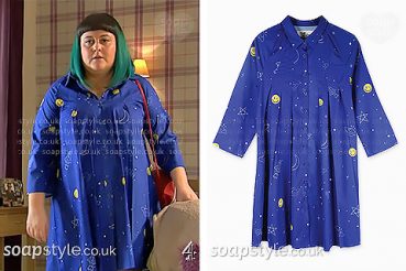 Tegan blue space print shirt on Hollyoaks Tegan blue space print shirt on Hollyoaks