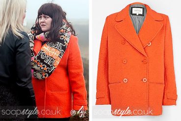 Tegan Lomax Hollyoaks wearing an orange coat Tegan Lomax Hollyoaks wearing an orange coat