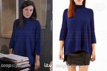 Kate wearing a blue jumper on Coronation Street