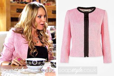 The pink cropped jacket worn in EastEnders by Roxy Mitchell The pink cropped jacket worn in EastEnders by Roxy Mitchell