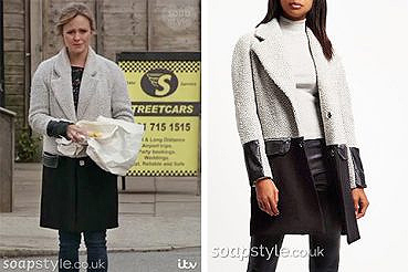 Sarah Platt Grey Coat on Coronation Street