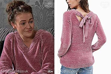 Pink tie neck maternity jumper worn by Vicky on Coronation Street Pink tie neck maternity jumper worn by Vicky on Coronation Street