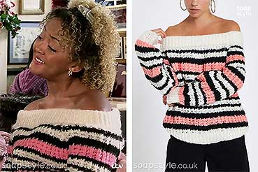 Emma on Coronation Street stripe off shoulder jumper