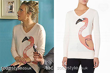 Cream flamingo jumper Linda Carter wears on EastEnders